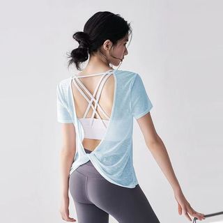 Bamboo Joint Yoga Cover-Up Thin Mesh Breathable High-End Yoga Wear Backless Cross Sports Top Short Sleeve for Women