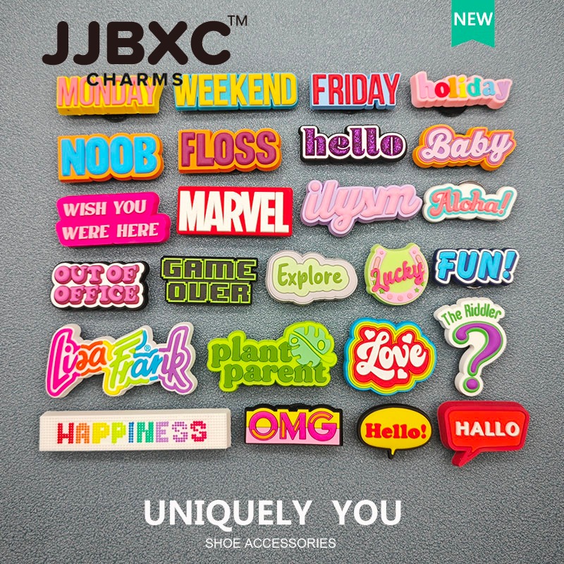 JJBXC ตัวติดรองเท้า charm รองเท้าแต่งน่ารัก หัวเข็มขัดตัวอักษรภาษาอังกฤษสนุกสนาน อุปกรณ์ตกแต่งรองเท้า