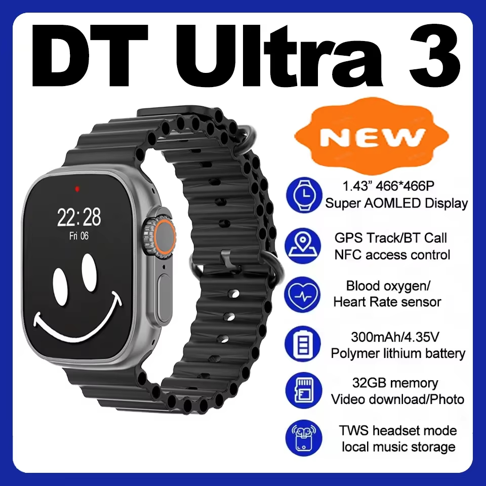 2025 ใหม่ GPS NFC Smartwatch DT Ultra 3 32G หน่วยความจําเพลงท้องถิ่นบลูทูธโทรเข็มทิศ 3D เมนู Smartwa