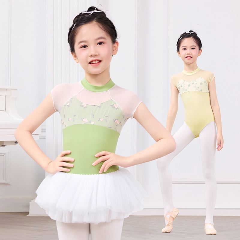 บัลเล่ต์ของเด็กผู้หญิง Leotard เด็กตาข่าย Splice แขนสั้นยืนปกชุดเต้นรํา