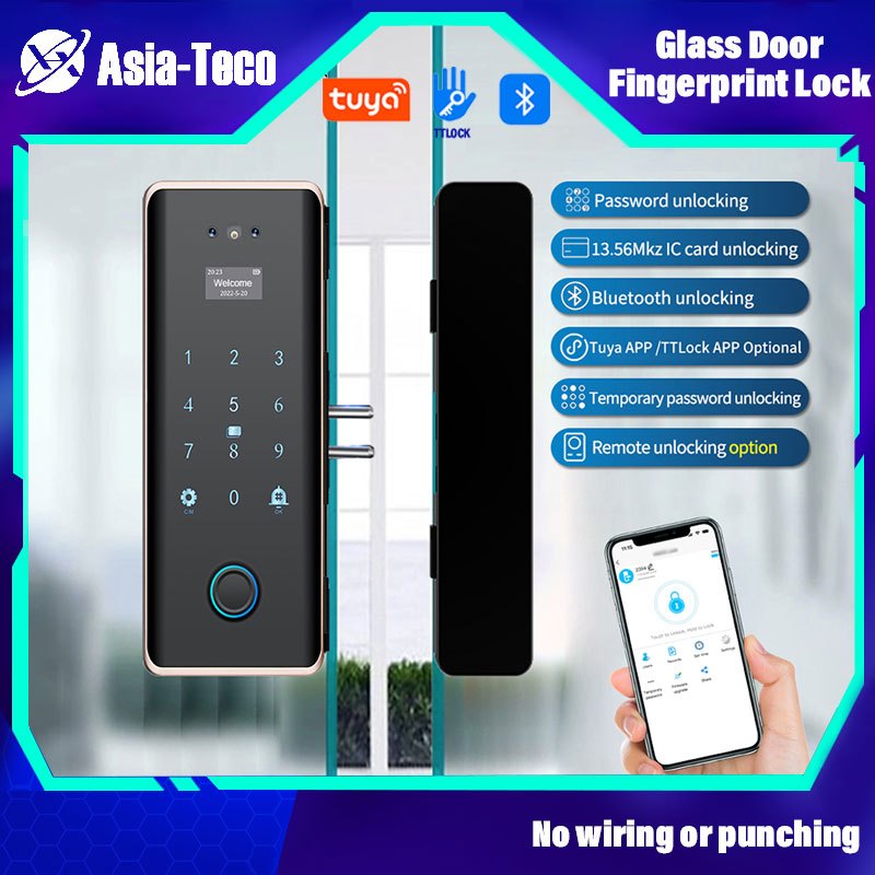 Tuya App 3D Face Recognition สมาร์ทล็อคสําหรับประตูกระจก Biometric อิเล็กทรอนิกส์ลายนิ้วมือปลดล็อค