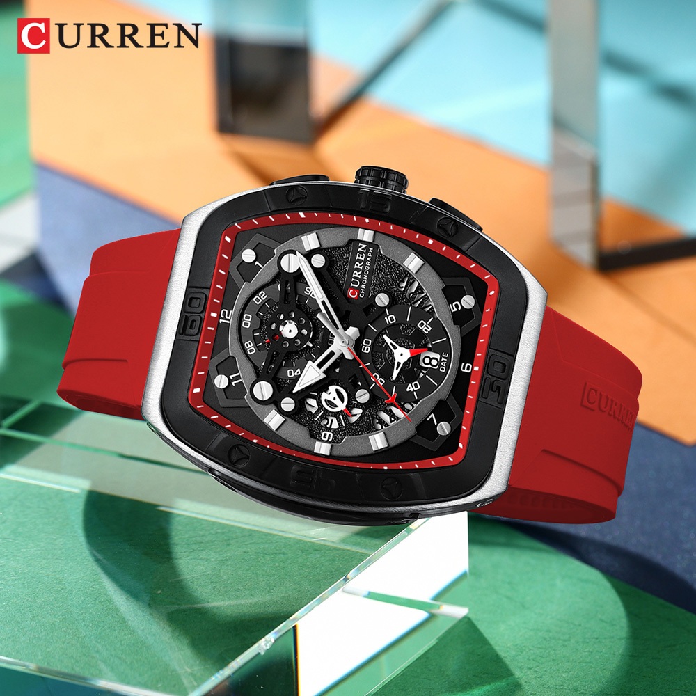 CURREN 8443 Dynamic Casual Mens Quartz Watch Tonneau Dial สายซิลิโคนกันน้ํา