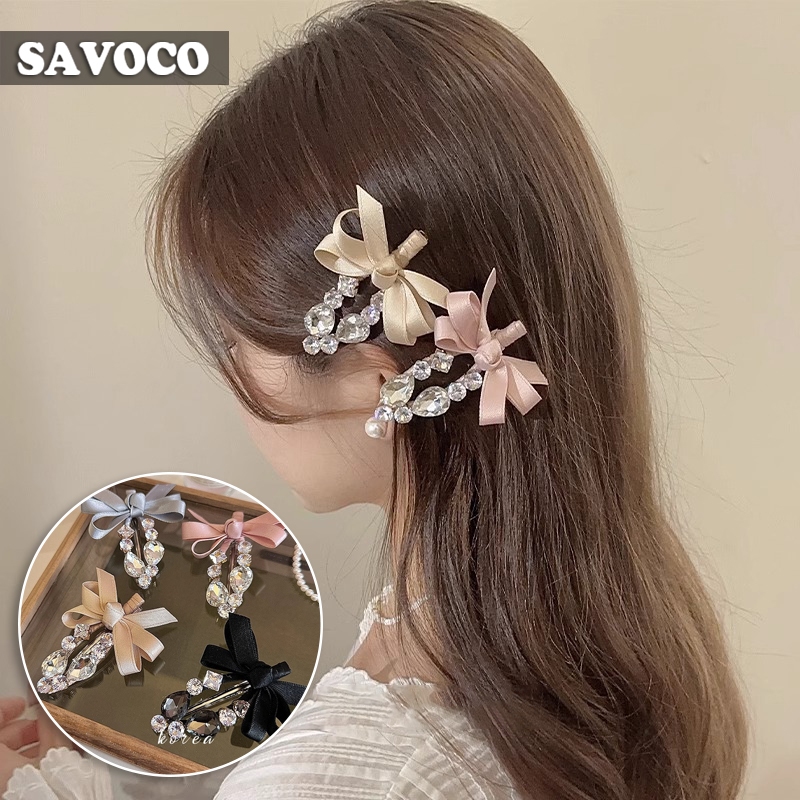 Savoco กิ๊บติดผมคริสตัลโบว์เกาหลีหญิงแฟชั่นกิ๊บติดผมผ้าซาตินสีสันสดใสอุปกรณ์เสริม SC144