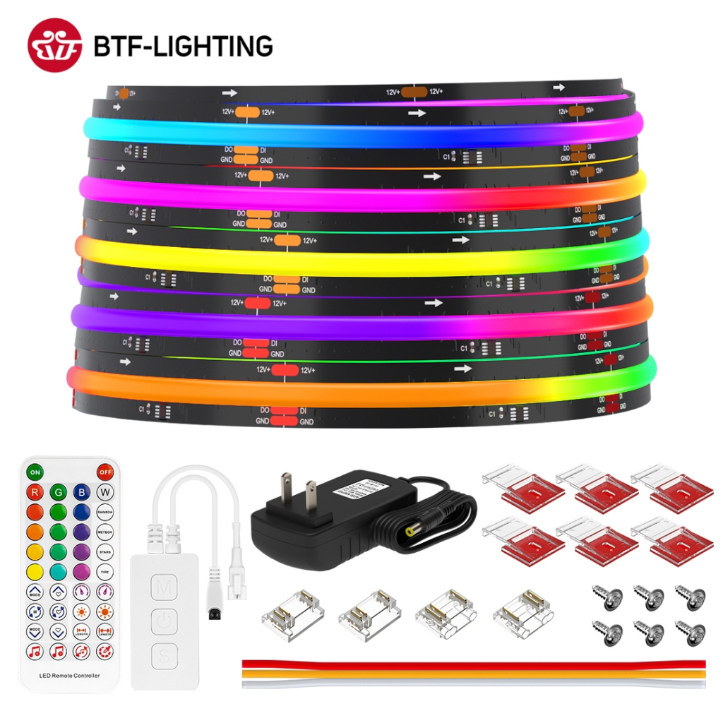 BTF-LIGHTING ชุดแถบไฟ LED COB SPI RGB IC รวมตัวควบคุมบลูทูธและอะแดปเตอร์แปลงไฟ