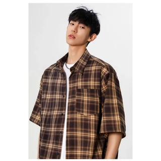 เสื้อเชิ้ตแขนสั้นลายหมากรุกสไตล์เกาหลีสําหรับผู้ชาย - เสื้อท็อปทรงหลวมลําลองแฟชั่นอินเทรนด์และอเนกประสงค์