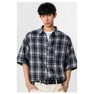 เสื้อเชิ้ตแขนสั้นลายหมากรุกสไตล์เกาหลีสําหรับผู้ชาย - เสื้อท็อปทรงหลวมลําลองแฟชั่นอินเทรนด์และอเนกประสงค์
