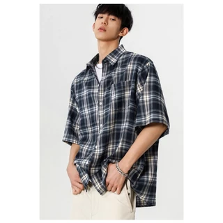 เสื้อเชิ้ตแขนสั้นลายหมากรุกสไตล์เกาหลีสําหรับผู้ชาย - เสื้อท็อปทรงหลวมลําลองแฟชั่นอินเทรนด์และอเนกประสงค์