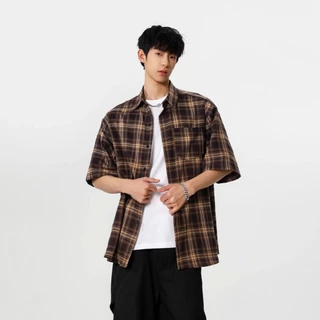 เสื้อเชิ้ตแขนสั้นลายหมากรุกสไตล์เกาหลีสําหรับผู้ชาย - เสื้อท็อปทรงหลวมลําลองแฟชั่นอินเทรนด์และอเนกประสงค์
