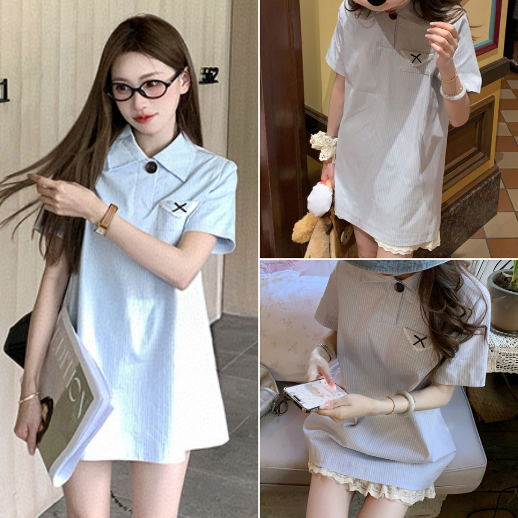 Luna Shop พร้อมส่ง ชุดเดรสน่ารักๆ เสื้อเชิ้ตเดรส ลายทางแนวตั้ง กระโปรงสั้น สไตล์วิทยาลัย หลวมใส่สบาย
