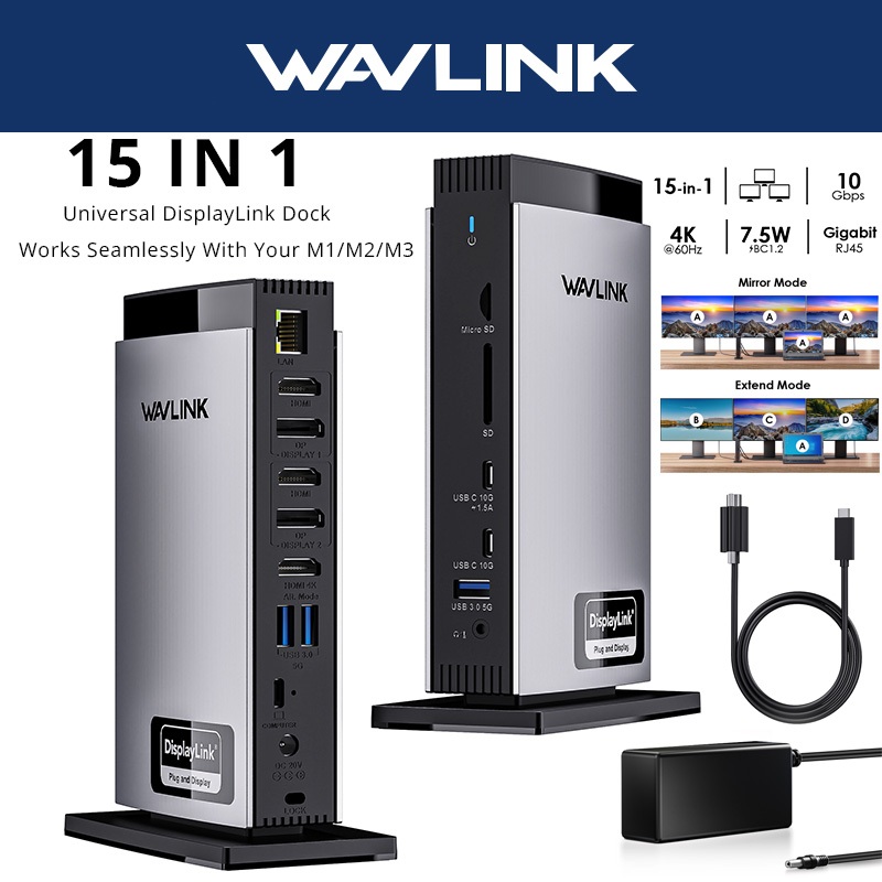 Wavlink 15 In 1 DisplayLink Docking Station Universal Docking Station Hub พร้อม 3 HDMI, 2 DP, RJ45, 