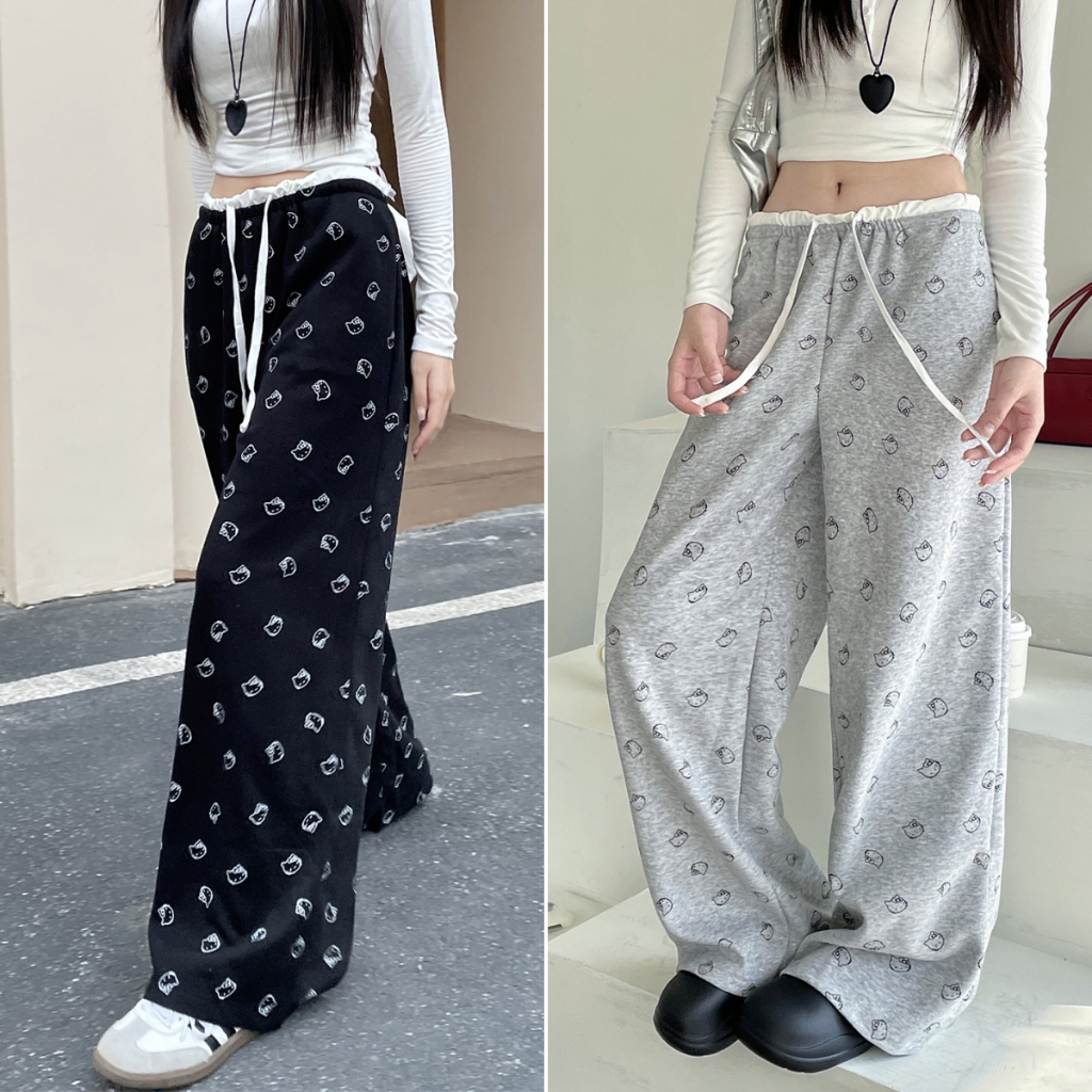 Luna Shop พร้อมส่ง กางเกงขายาวใส่สบายๆ กางเกงกีฬา ขี้เกียจและสบาย ๆ ลายแมว ฤดูร้อน สตรีทเรโทร ทรงตรง