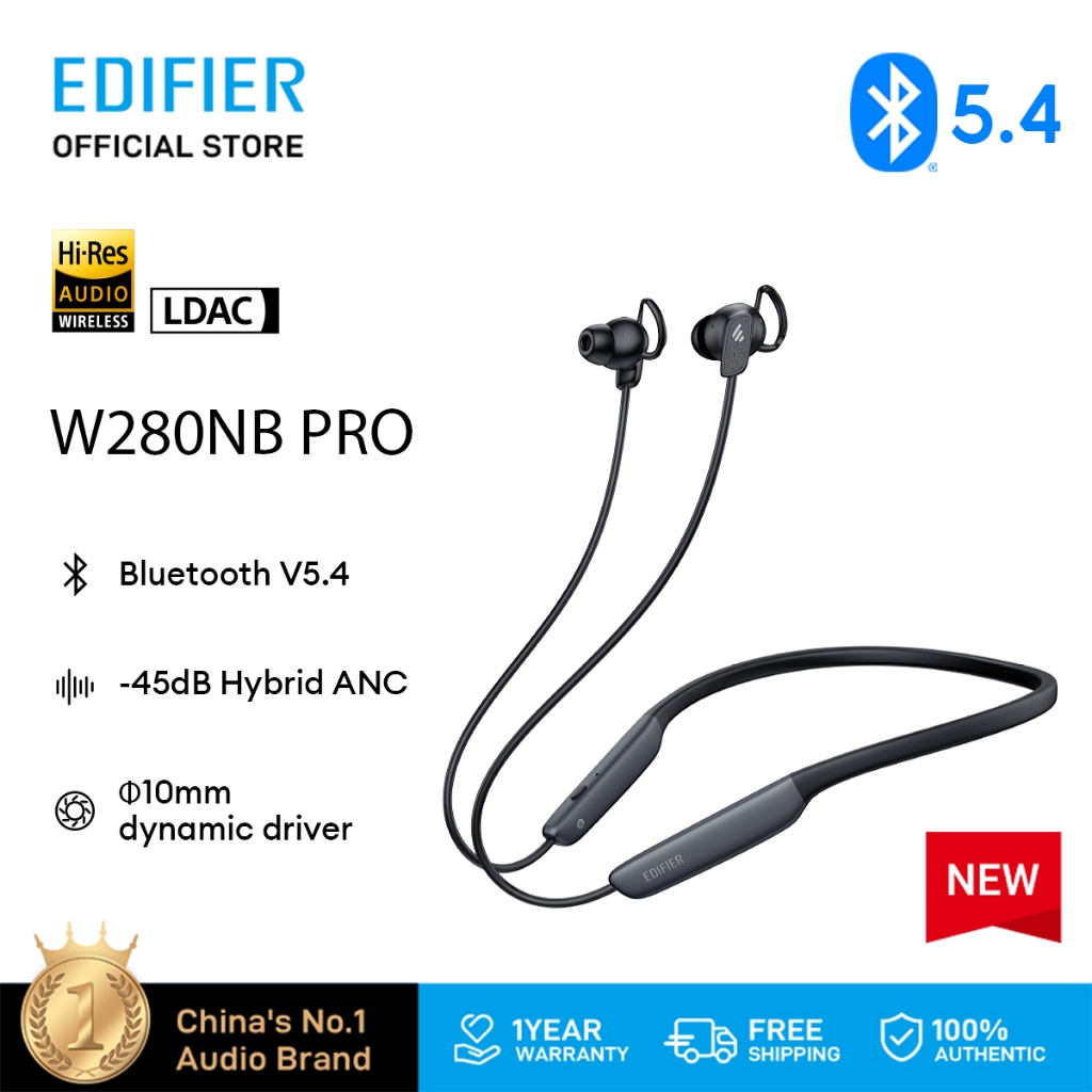 Edifier W280NB Pro หูฟังแบบคล้องคอ -45dB Hybrid Active Noise Cancelling หูฟังเสียง Hi-Res Bluetooth 5.4 การเชื่อมต่อหลายจุด 10 มม.ไดรเวอร์แบบไดนามิก AI ลดเสียงรบกวน Mic 23H
