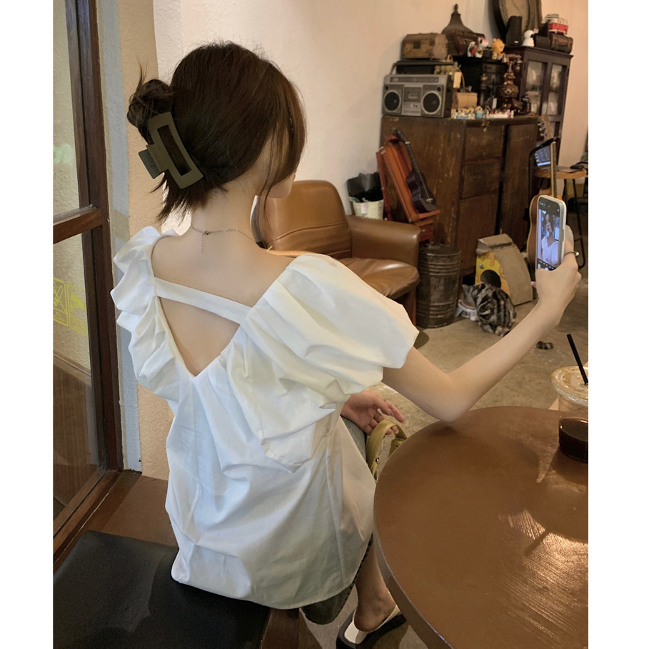 ซูซี ฝรั่งเศสเซ็กซี่เปลือยหลวมคอวีแขนสั้นเสื้อสตรีด้านบน 240720