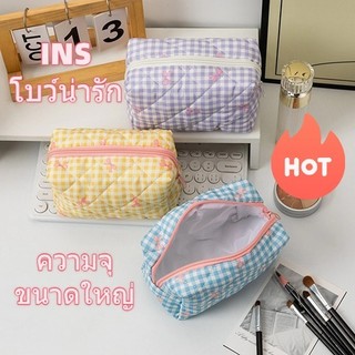 🔥กระเป๋าแต่งหน้าโบว์น่ารัก🔥กระเป๋าแต่งหน้าผ้าฝ้าย พกพาส ดใหญ่-ความจุเดินทางกระเป๋าเครื่องสําอาง การใช้งานของผู้หญิง