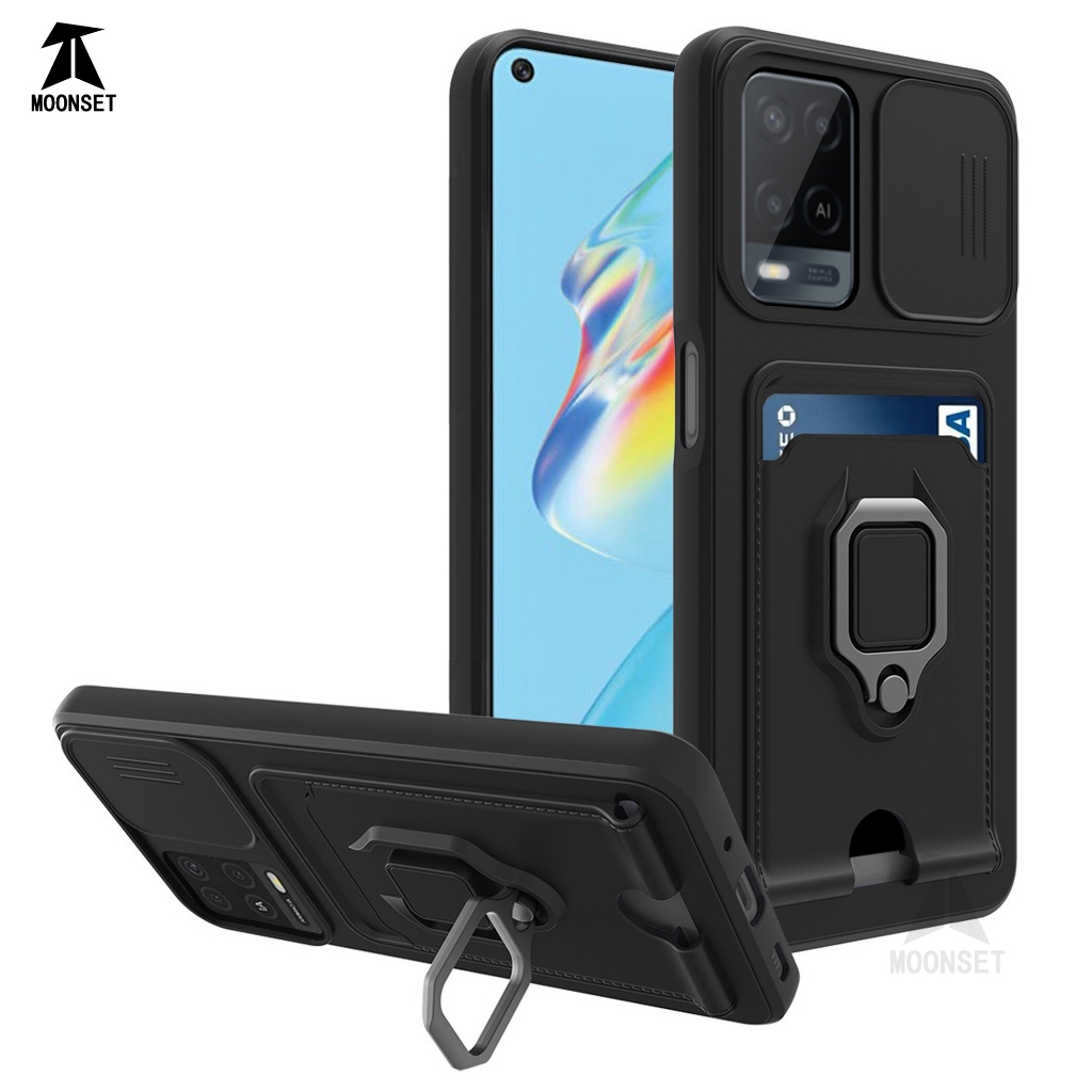 สําหรับ OPPO A54 4G / A55 กรณี 4 in 1 สไลด์ฝาครอบกล้องผู้ถือบัตรขาตั้งสแควร์ Freebie เชือกเส้นเล็กกันกระแทก Anti-drop Slim บางนุ่ม TPU ฝาครอบ