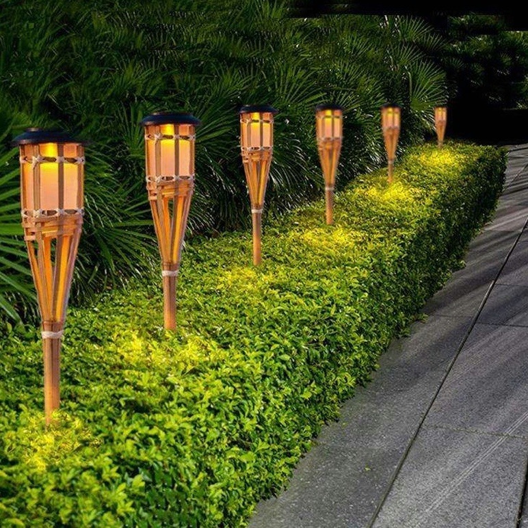 Warmtaste Led ไม้ไผ่ Solar Street Light สวนกลางแจ้ง กันน้ํา เซ็นเซอร์อัตโนมัติ ไฟฉายเปลวไฟ สนามหญ้า Spotlight สําหรับรั้ว House Pathway ตกแต่ง