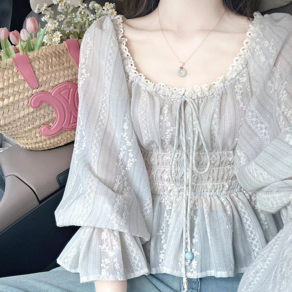 แฟชั่นเกาหลีผู้หญิงแขนยาวย้อนยุคเอวบางเสื้อลูกไม้ลําลองท็อปส์
