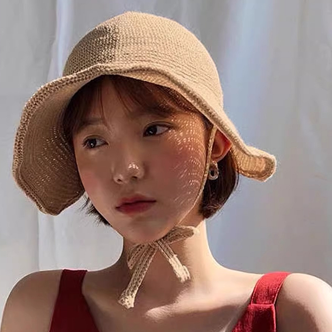 เกาหลีเกาหลี ins Blogger น่ารัก Lace-Up ม่านบังแดดหมวกหญิง All-Match พับ Breathable Face-Looking หมวกฟางขนาดเล็กหม้อหมวก