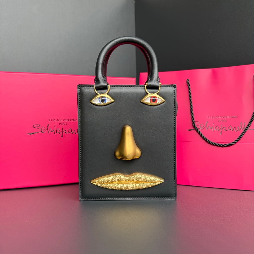 หนังวัวสีดําสแควร์ schiaparelli schiaparelli Devils Eye Facial Sensations Design สามขนมปัง Retro สุภาพสตรีจับกระเป๋า Messenger