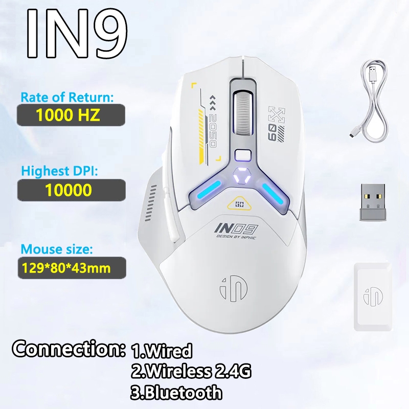 INPHIC IN9 เมาส์สําหรับเล่นเกม 10000DPI PMW3325 แบบมีสาย/ไร้สาย/บลูทูธเมาส์ Type-C ชาร์จ