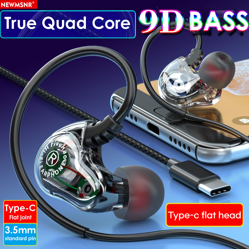 Newmsnr Type C 9D Surround หูฟังอินเอียร์พร้อมไมโครโฟนสําหรับ Android หูฟังอินเอียร์สำหรับเล่นกีฬาพร้อมไมโครโฟนสำหรับโทรศัพท์มือถือแบบไดนามิคเบสคู่