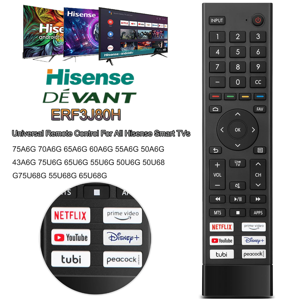 ใหม่ ERF3J80H Universal เปลี่ยนรีโมทคอนโทรลสําหรับ Hisense Devant 4K UHD Android สมาร์ททีวี, พร้อม Netflix, Prime Video, YouTube, Desney, Tubi, ปุ่มนกยูง