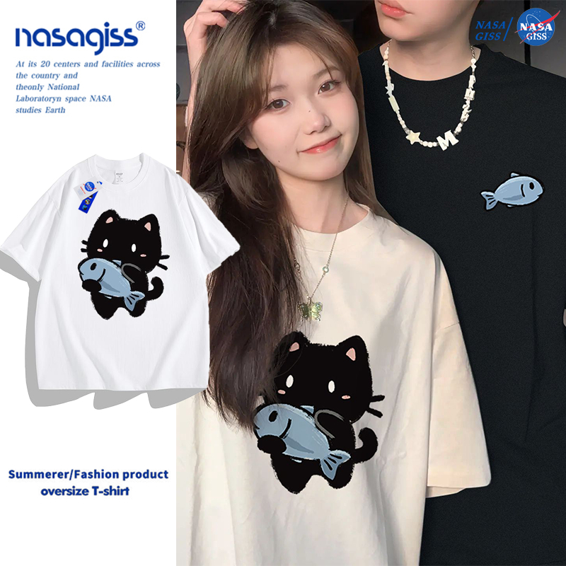 NASA เเสื้อคู่แฟน เสื้อเกาหลีเสื้อ summer ลูกแมว พิมพ์ลาย ผ้าฝ้ายแท้ คอกลม นุ่มสบาย