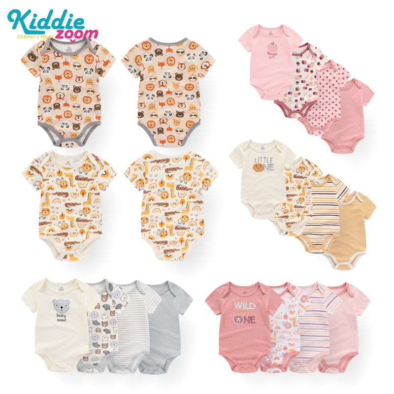 รูปแบบน่ารัก 4 ชิ้นชุดสําหรับเด็กชายและเด็กหญิง 0-12 เดือนผ้าฝ้ายลําลองแขนสั้นจั๊มสูทสี่ฤดูกาล