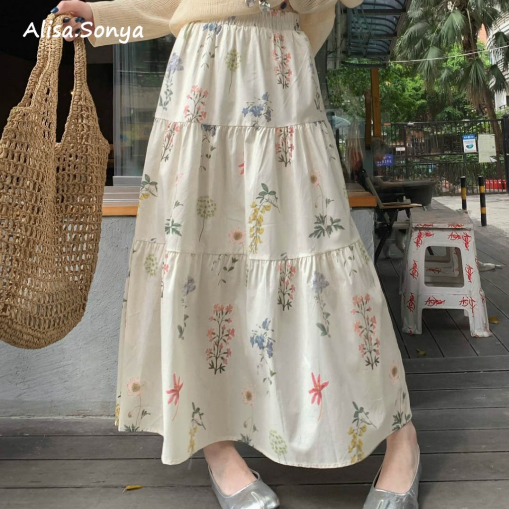 Alisa.Sonya กระโปรงยาว เอวสูง ลายดอก พลีท ผ้าฝ้าย ผู้หญิง 24AS1240