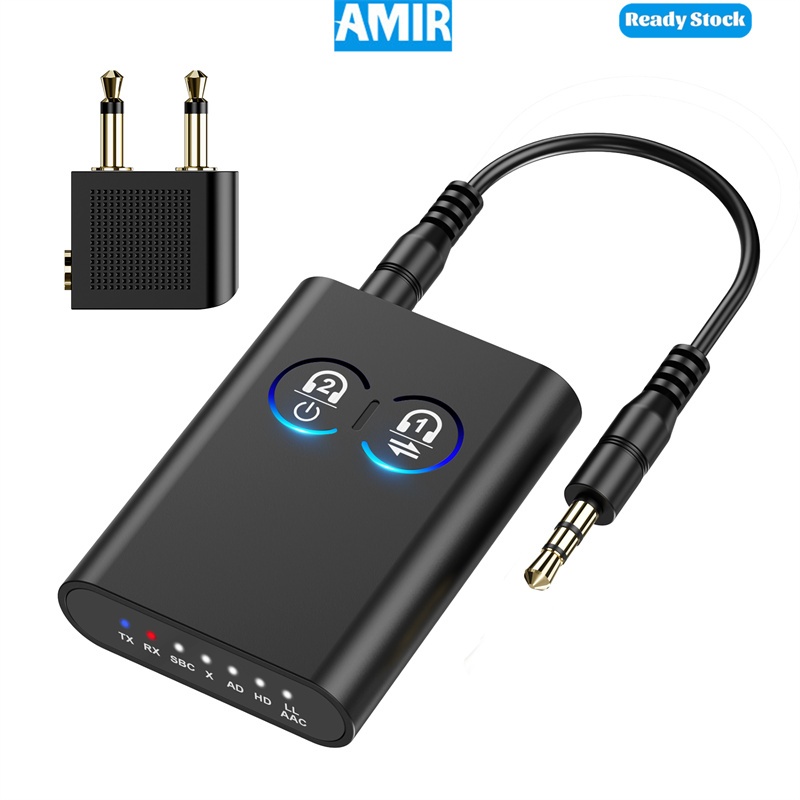 Amir อะแดปเตอร์บลูทูธ 5.2 รองรับ 2 อุปกรณ์พร้อม aptX Adaptive 3.5 มม.AUX Wireless Audio Transmitter Receiver สําหรับ Planes Airline Travel TV