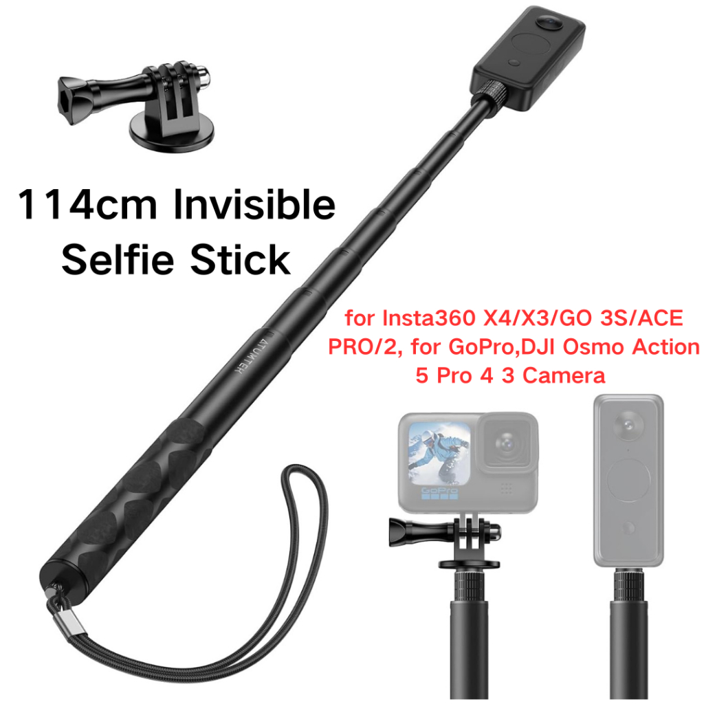 114 ซม.ที่มองไม่เห็น Selfie Stick 1/4 "ขยาย Monopod Pole, สําหรับ Insta360 X4 Air/X5/X4/X3/GO 3S/ACE PRO/2/DJI OSMO 360 Action 5 Pro 4 3 กล้อง (Buckle Mount สําหรับ GoPro และสายรัดข้อมือ)