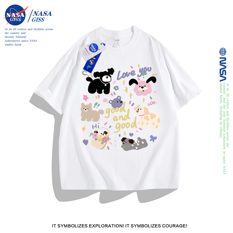 NASA เสื้อยืดหญิงชาย เสื้อ summer ลายลูกหมาสุดน่ารัก ผ้าฝ้ายแท้ คอกลม ทรงหลวม เสื้อแฟชั่น