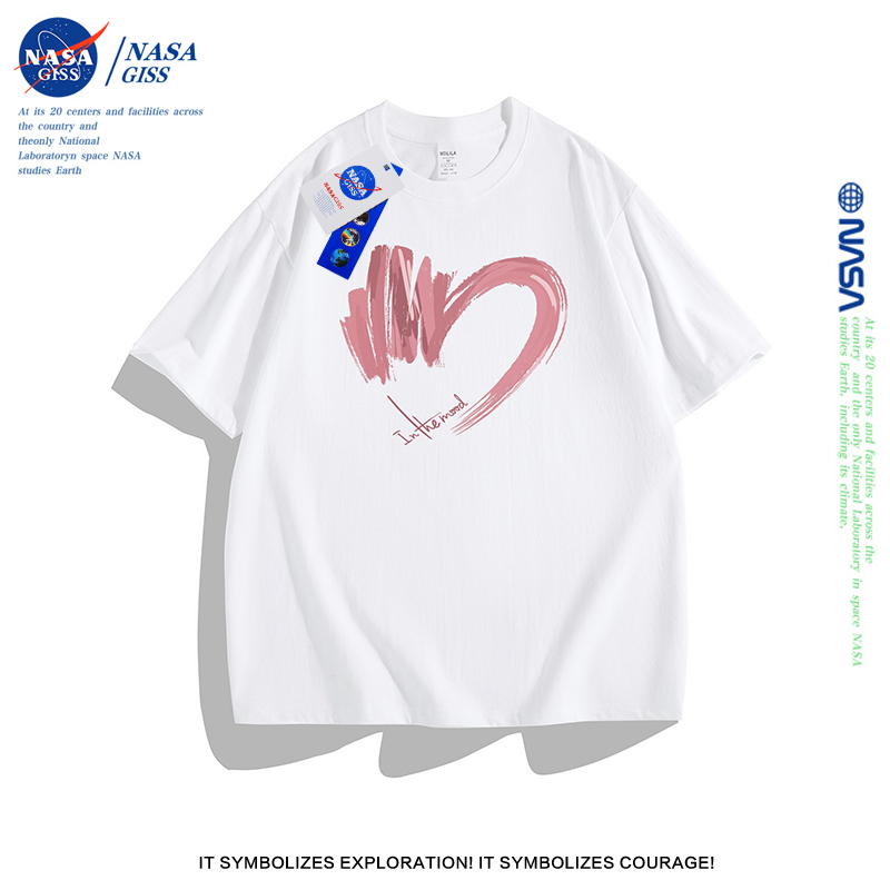 NASA เสื้อยืดหญิงชาย สายเกาหลีเสื้อ summer ผ้าฝ้ายแท้ พิมพ์ลายหัวใจ เสื้อยืดคอกลม ทรงหลวม ระบายอากาศ