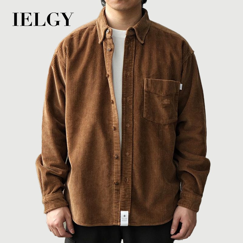 IELGY เสื้อเชิ้ตผ้าลูกฟูกไหล่ทรงหลวมย้อนยุคญี่ปุ่นสําหรับผู้ชาย