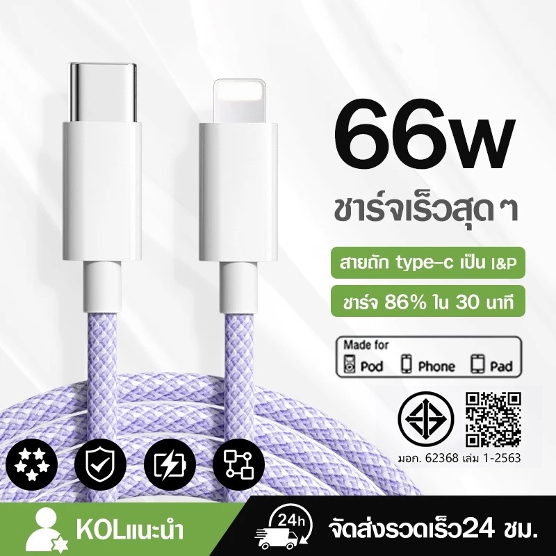 สายชาร์จ สีพาสเทล ชาร์จไวPD 66W สายยาว 1.5 เมตร USB C to I&P(สำหรับ I&P 5～14pro max / pad)