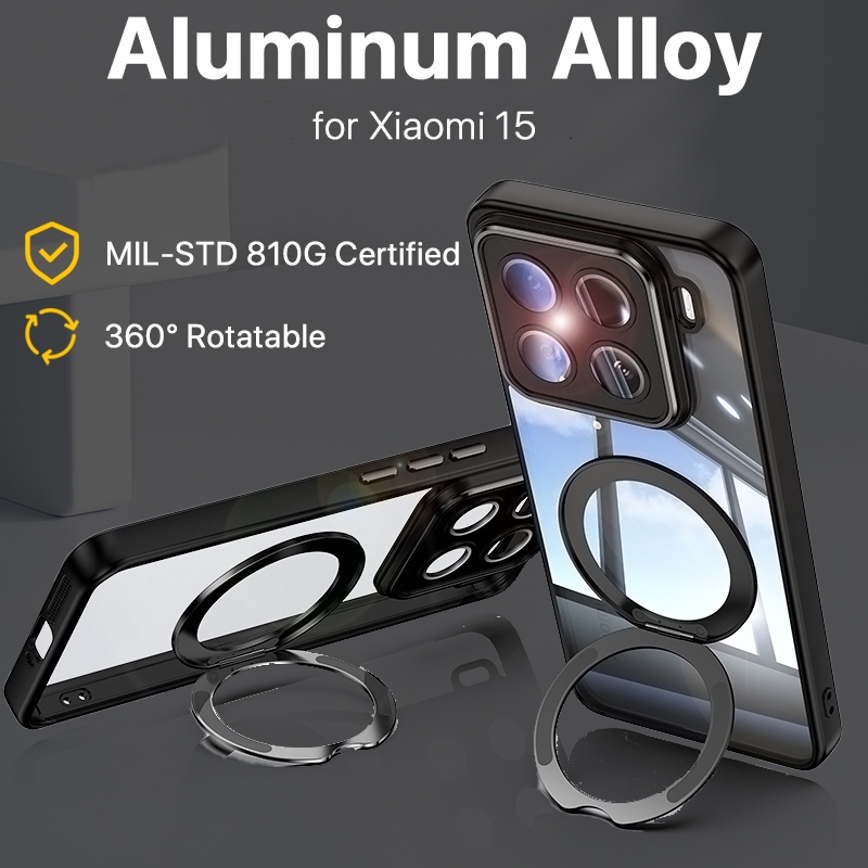 เคส Xiaomi 15 อลูมิเนียมอัลลอยด์ กันกระแทก แผ่นป้องกันเลนส์ แข็งแรงทนทาน กันตก มีแม่เหล็ก ชาร์จไร้สายได้ วงแหวนหมุนได้ ที่ตั้งโทรศัพท์ รู้สึกเหมือนเคสต้นฉบับ