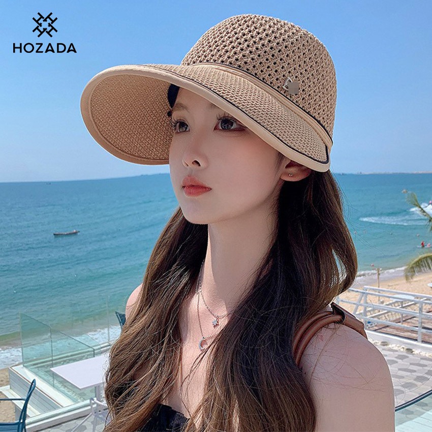 Hozada ผู้หญิงอาทิตย์หมวกผู้หญิงหมวกชายหาดอาทิตย์ กระบังหน้า หมวกสบายๆถักอาทิตย์หมวกแบบพกพาชายหาดหมวกขนาดใหญ่ปีกหมวกป้องกันแสงแดดยูวีป้องกันหมวกฟางสําหรับฤดูร้อนท่องเ – โปรปัง