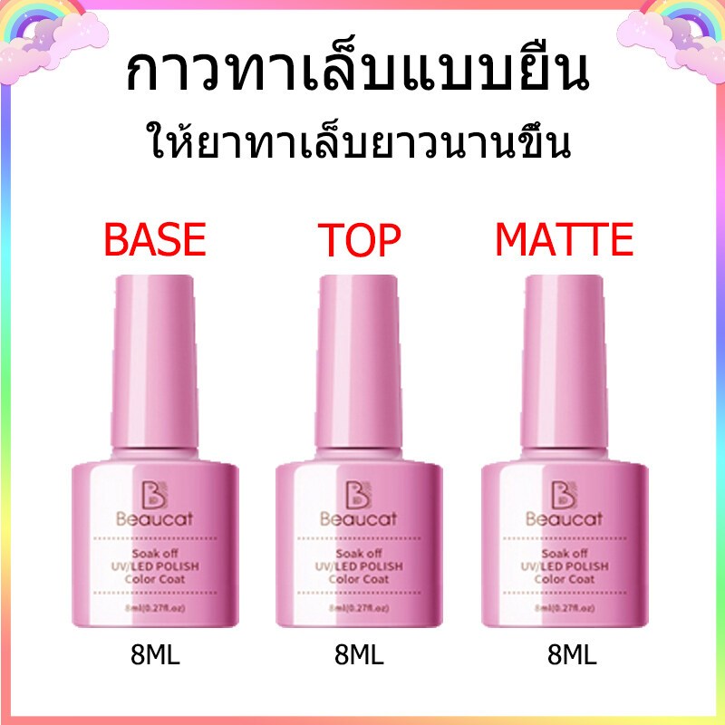 Beaucatpark ชุดเคลือบสีเจล top coat เจล  base coat เล็บ  matte top coat แบบต้องอบ UV/LED ปริมาณ 8ml