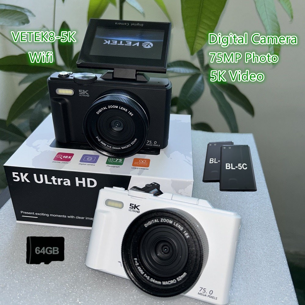 VETEK8-5K กล้อง 75MP Digital Camera 3.0Flip Screen 18X Digital Zoom Portable Camera