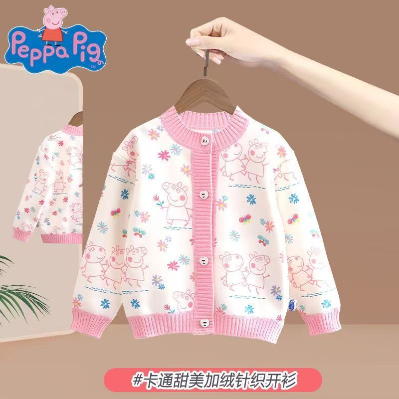 Peppa Pig เป๊ปป้า หมู เป๊ปป้า หมู ฤดูใบไม้ร่วงฤดูหนาวสดการ์ตูนดอกไม้แบบบูรณาการขนแกะคาร์ดิแกนเสื้อกันหนาวหนา