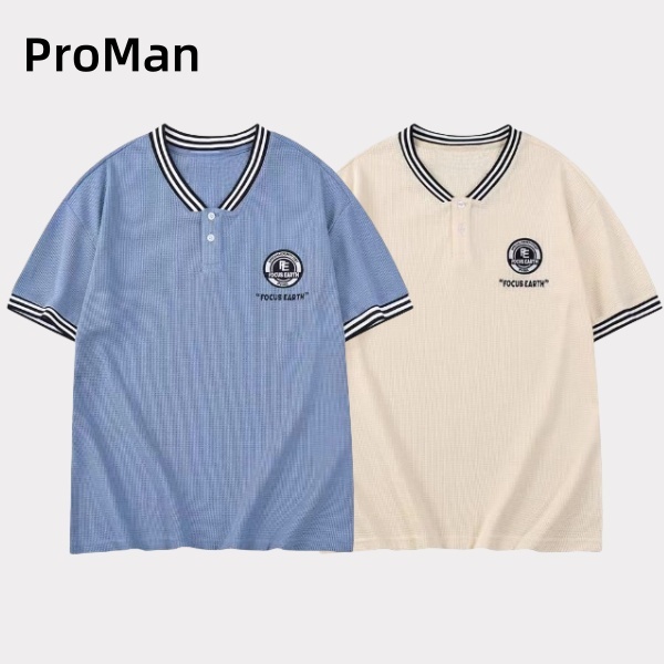 ⚡ProMan⚡คอวีแขนสั้นผู้ชายวินเทจ  เสื้อยืดวาฟเฟิลด์  การออกแบบปุ่ม  คลาสสิกแมทช์ลุคง่าย