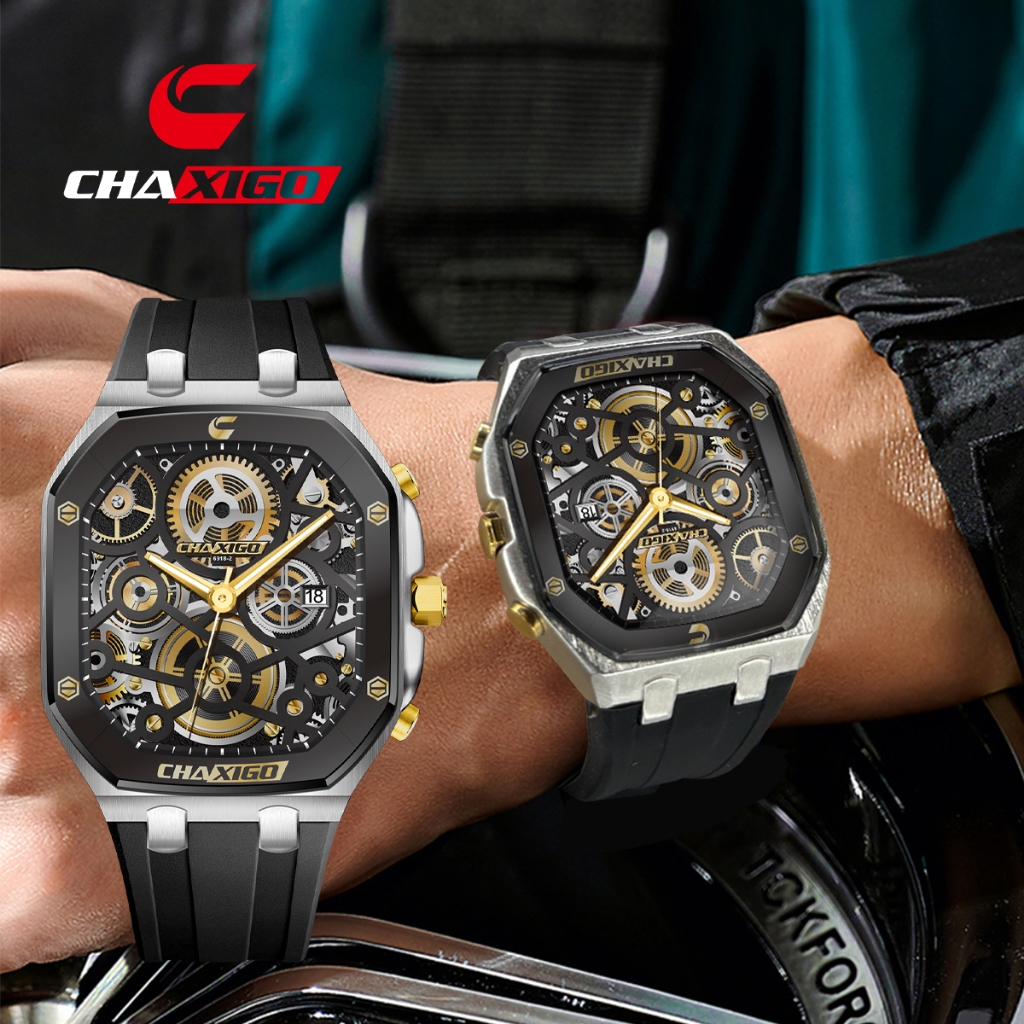 Chaxigo นาฬิกาผู้ชาย กันน้ำ 100% เครื่องควอตซ์ สายซิลิโคน เรืองแสง สไตล์ธุรกิจ พร้อมส่ง 6918-2songkran