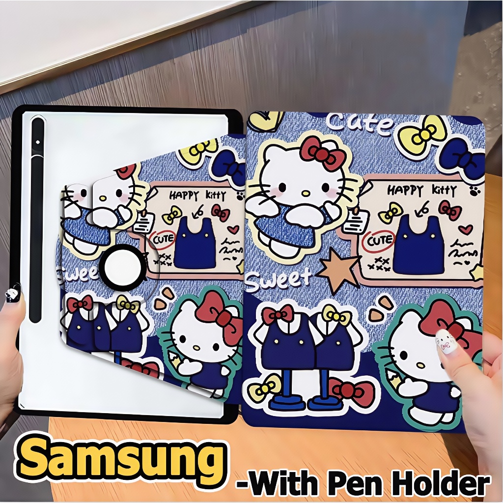 เคสหมุนได้ 360° เคส Samsung Galaxy Tab S8 S7 S9 S7FE S9FE S9FE+  Galaxy Tab S9+ S8+ S7+ S10+ A8 A9 A9+ S6Lite A7Lite Right pen เคสฝาพับ Samsung Hellokitty Samsung case