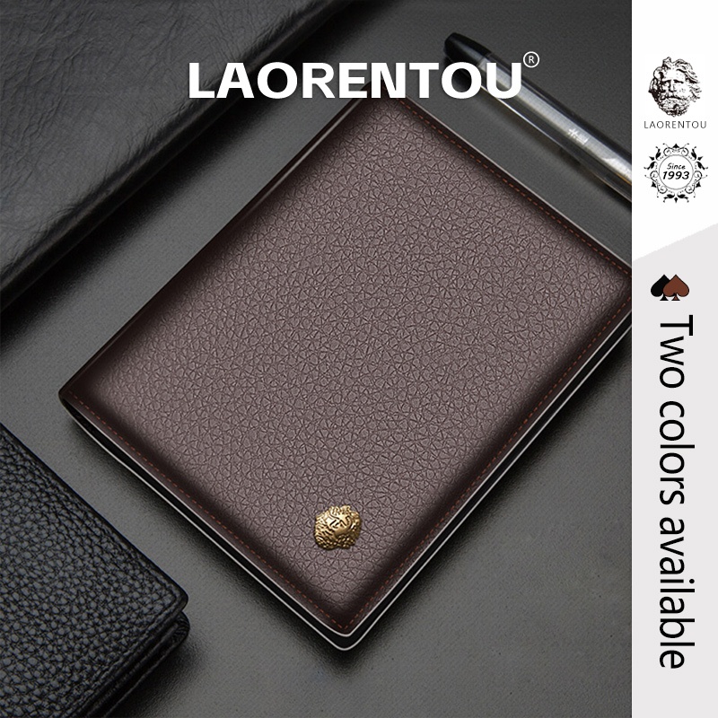 LAORENTOU กระเป๋าสตางค์ผู้ชาย หนังวัวแท้ Bifold ซิป Snap บางเบา สไตล์ Casual Men‘s Leather Wallet