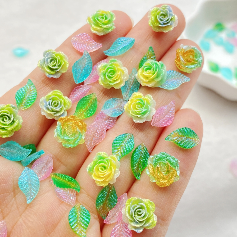 50ชิ้นของผสมเล็บเรซิ่นมินิที่มีสีสันใบเงา,กุหลาบตกแต่งเล็บทําเองหัตถกรรมตกแต่งเล็บ3ง เครื่องประดับ