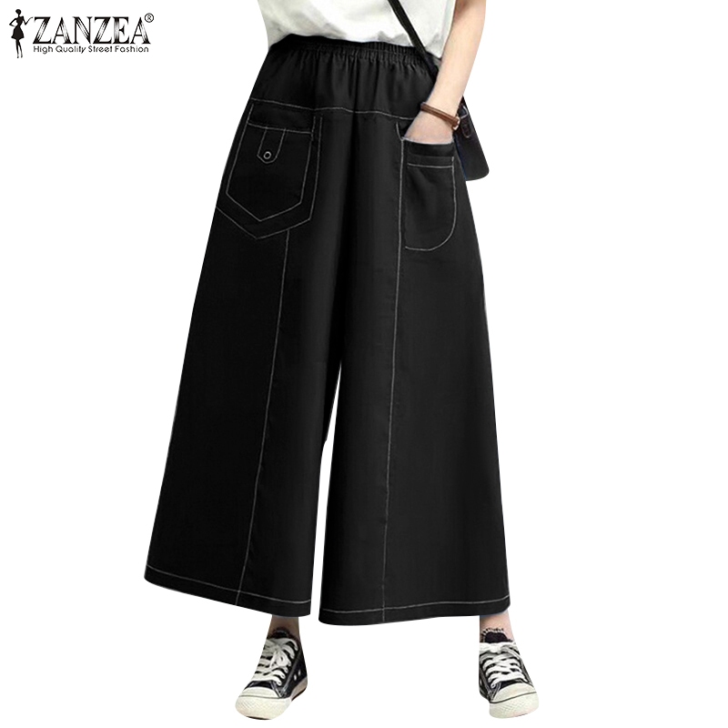 ZANZEA ซานเซีย ผู้หญิงหลวมสบายๆเอวยางยืดกระเป๋ากางเกงขากว้าง