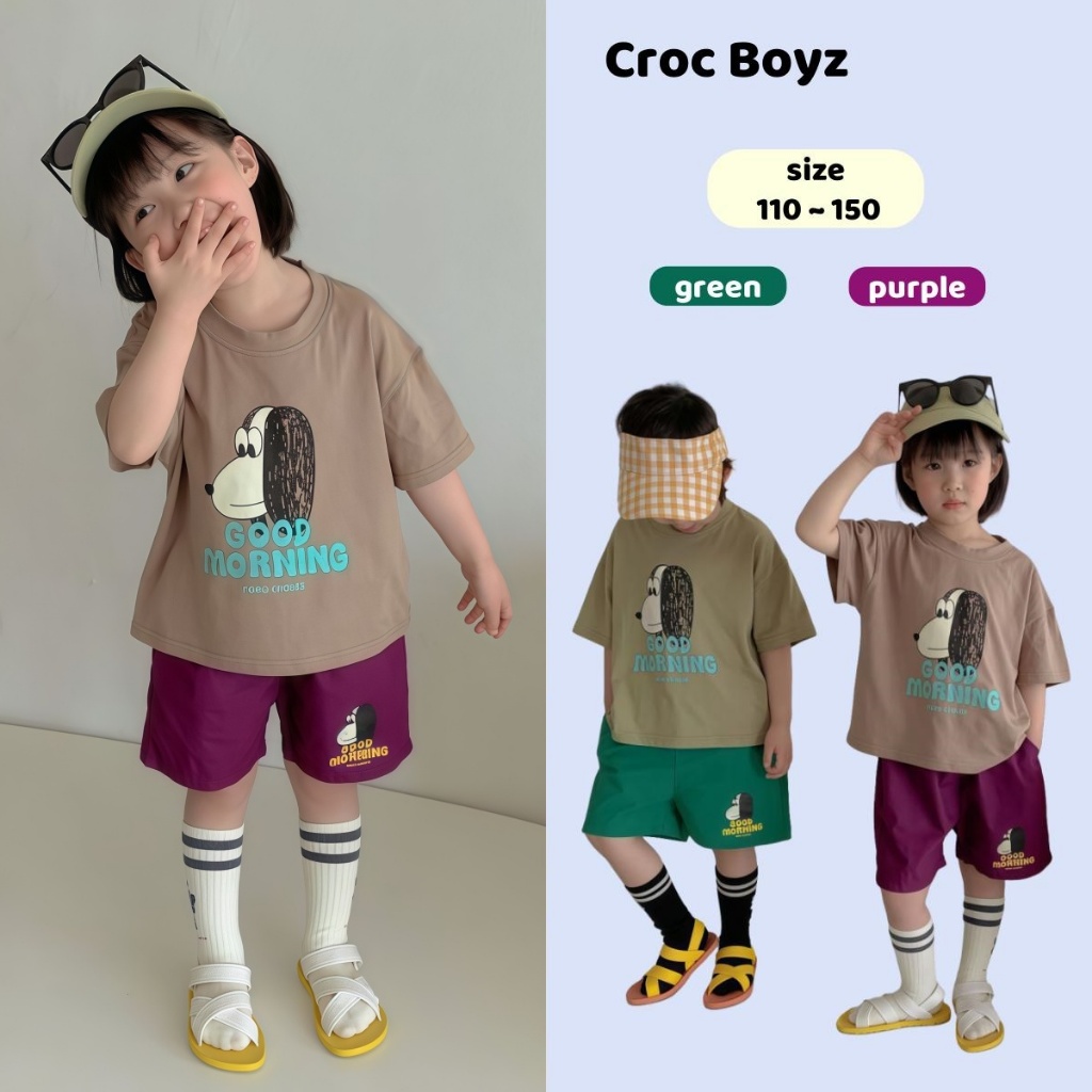 Croc Boyz พร้อมส่ง ชุดเด็กน่ารักฤดูร้อน เสื้อยืดการ์ตูนลำลองกางเกงขาสั้น ชุดสองชิ้น สำหรับเด็กชายและเด็กหญิง ไซส์ 110-150