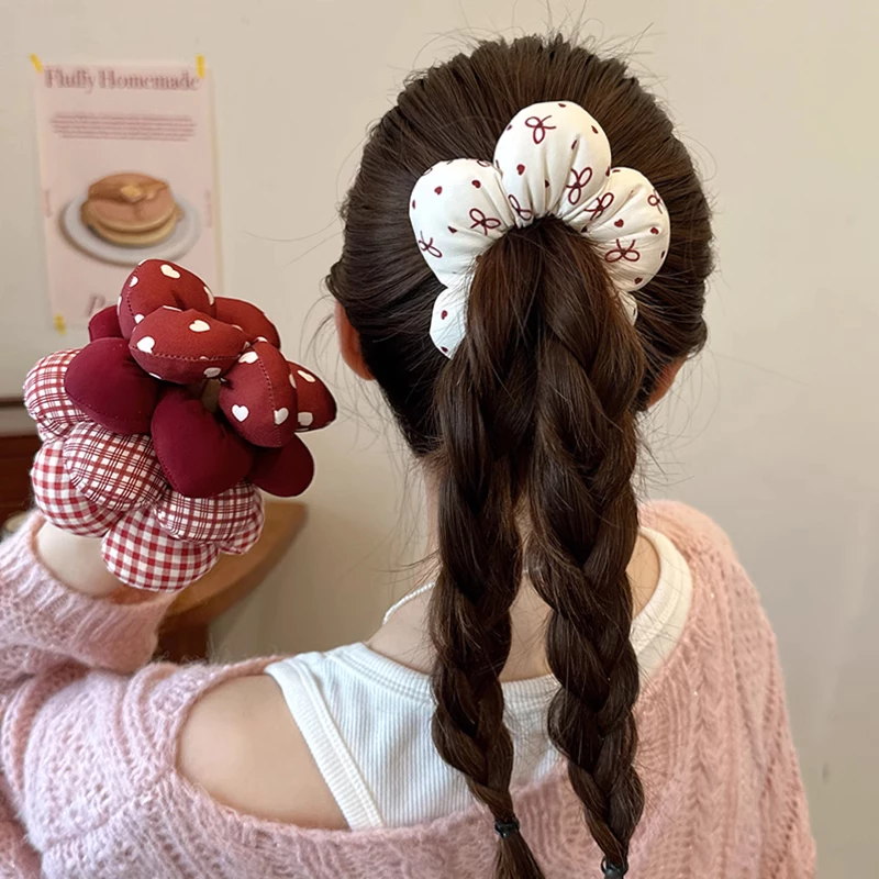 สไตล์ใหม่สีแดงดอกไม้ Scrunchy ผม Tie หญิงฟองน้ํายืดหยุ่นสูงทนทาน Tie Scalp ยาง Band