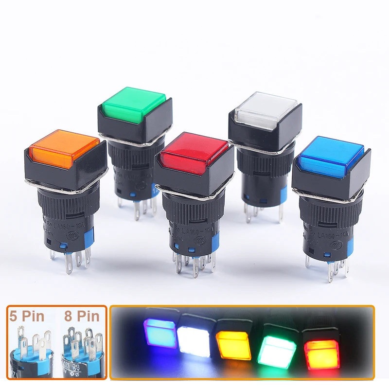 5PCS 5V 12V 24V 220V Momentary LED Illumnuted รักษา Self-locking On Off Push ปุ่มสวิทช์ 16 มม.ตารางไฟแสดงสถานะ