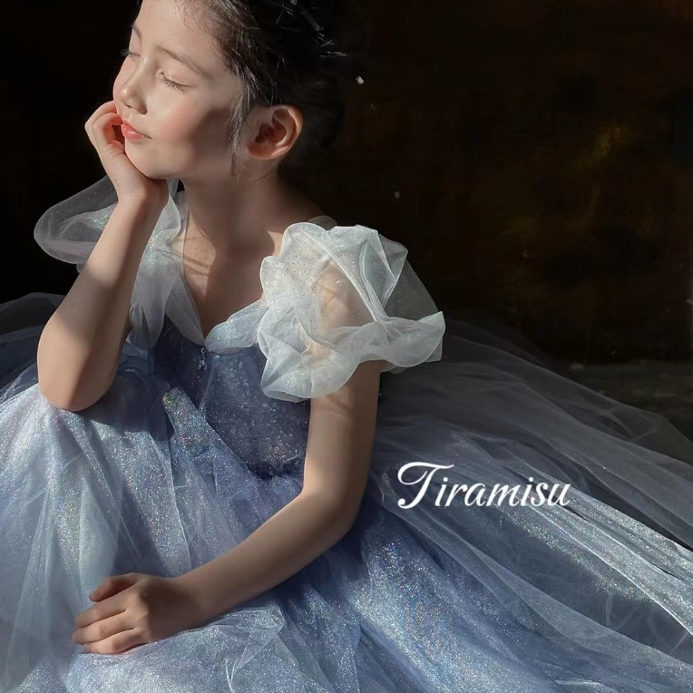 ชุดเจ้าหญิงเด็กผู้หญิง สีฟ้า ชุดเอลซ่า ฟูมาก ชุดราตรี สำหรับเด็กผู้หญิงอายุ 3-12 ปี Frozen คอสเพลย์